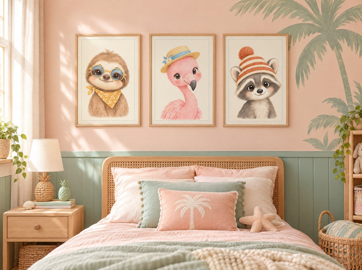 Lot Douceur Tropicale : 3 posters encadrés dans une chambre d'enfant
