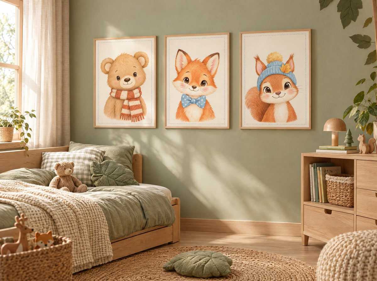 Lot Copains de la Forêt : 3 posters encadrés dans une chambre d'enfant