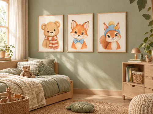 Lot Copains de la Forêt : 3 posters encadrés dans une chambre d'enfant