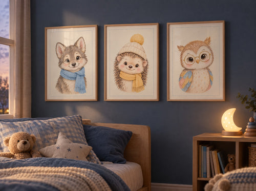 Lot 3 posters animaux nuit a imprimer - herisson, chouette, louveteau - aquarelle chambre enfant
