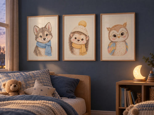 Lot Nuit dans les Bois : 3 posters encadrés dans une chambre d'enfant