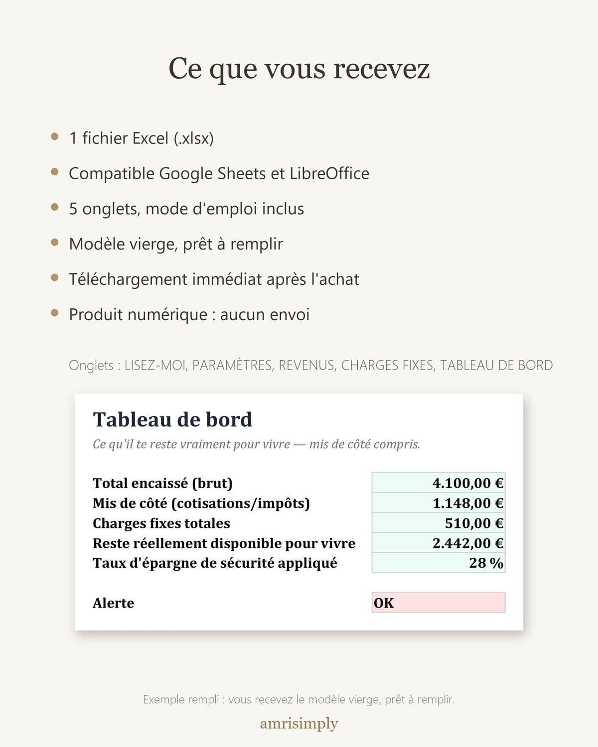 Ce que vous recevez : un fichier Excel compatible Google Sheets et LibreOffice, modèle vierge prêt à remplir