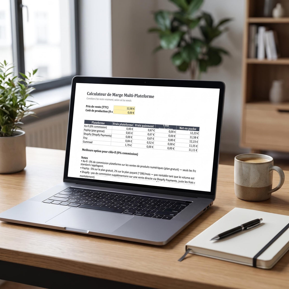 Tableur du calculateur de marge ouvert sur un ordinateur portable posé sur un bureau