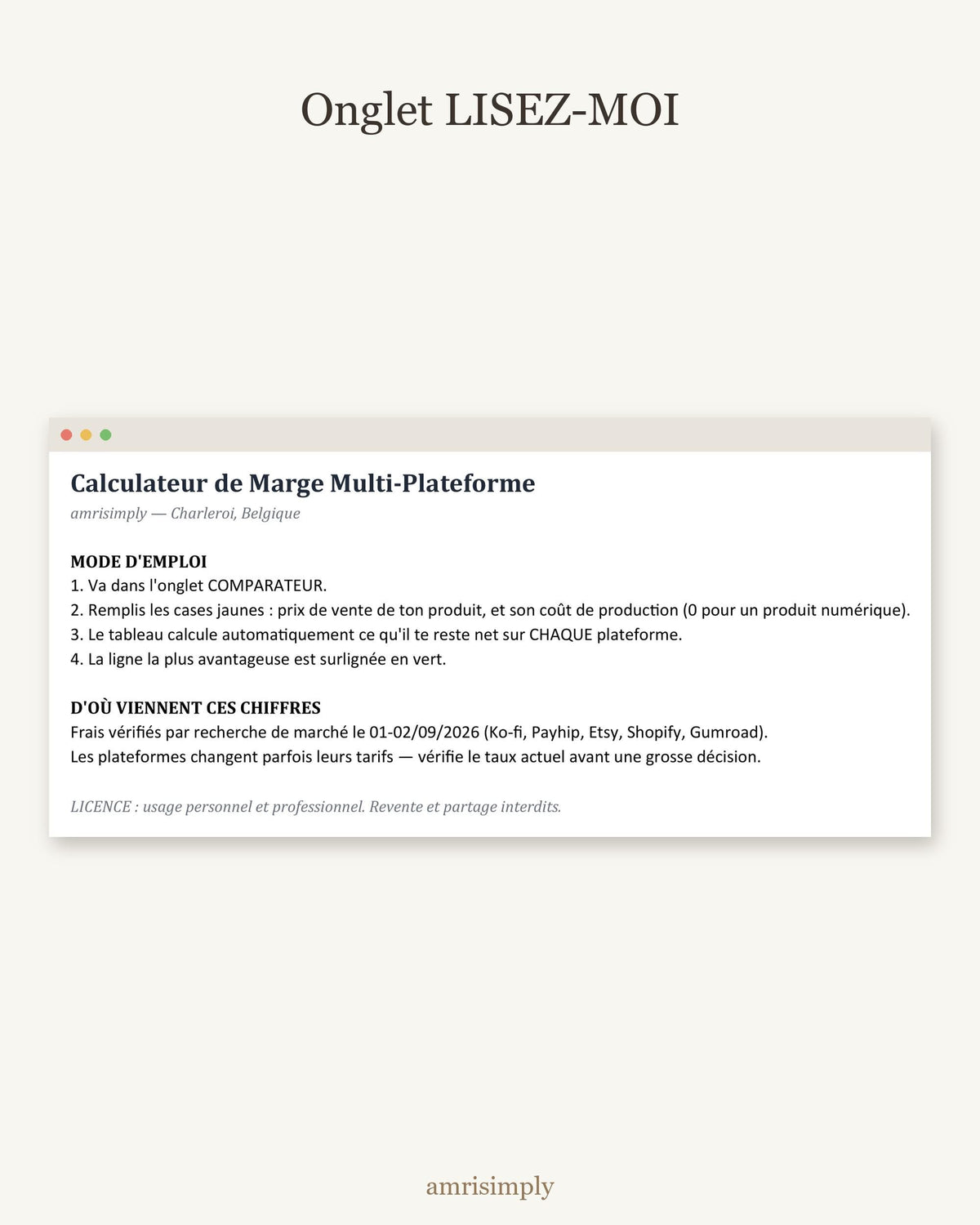 Onglet LISEZ-MOI : le mode d'emploi du calculateur en quatre étapes