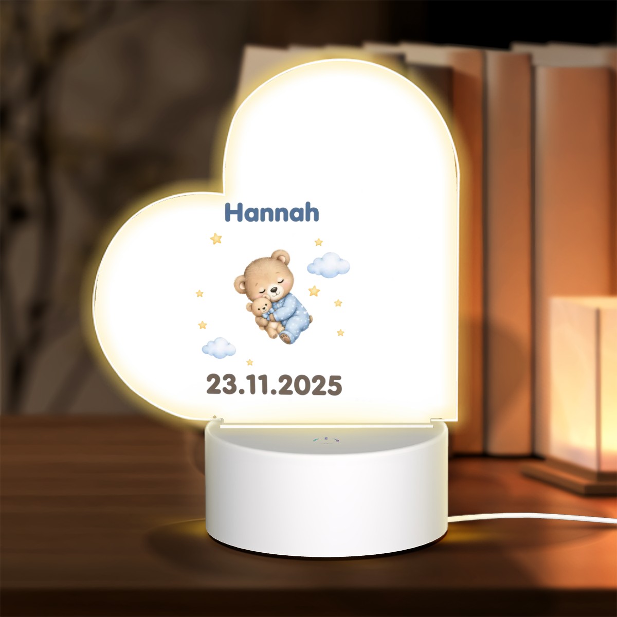 Veilleuse cœur ourson allumée