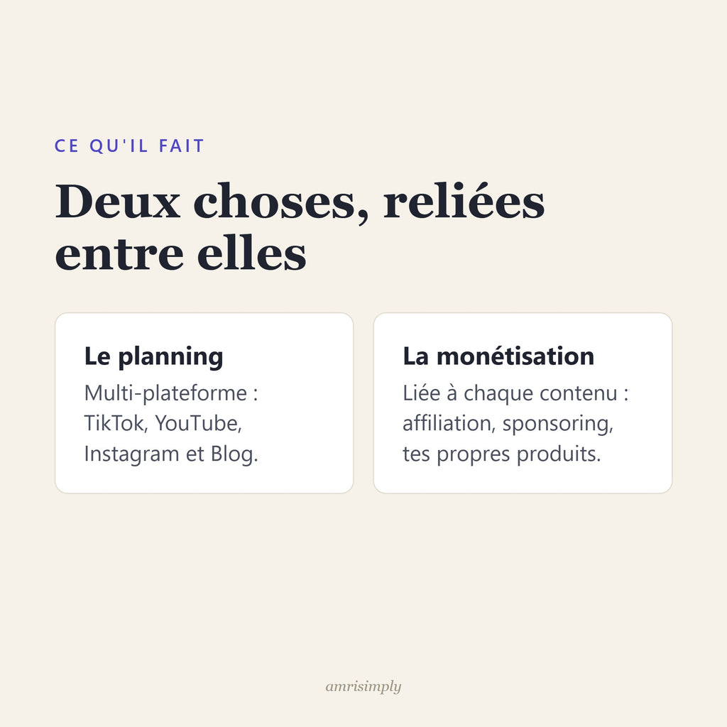 Planning TikTok, YouTube, Instagram et Blog relié au suivi de monétisation de chaque contenu