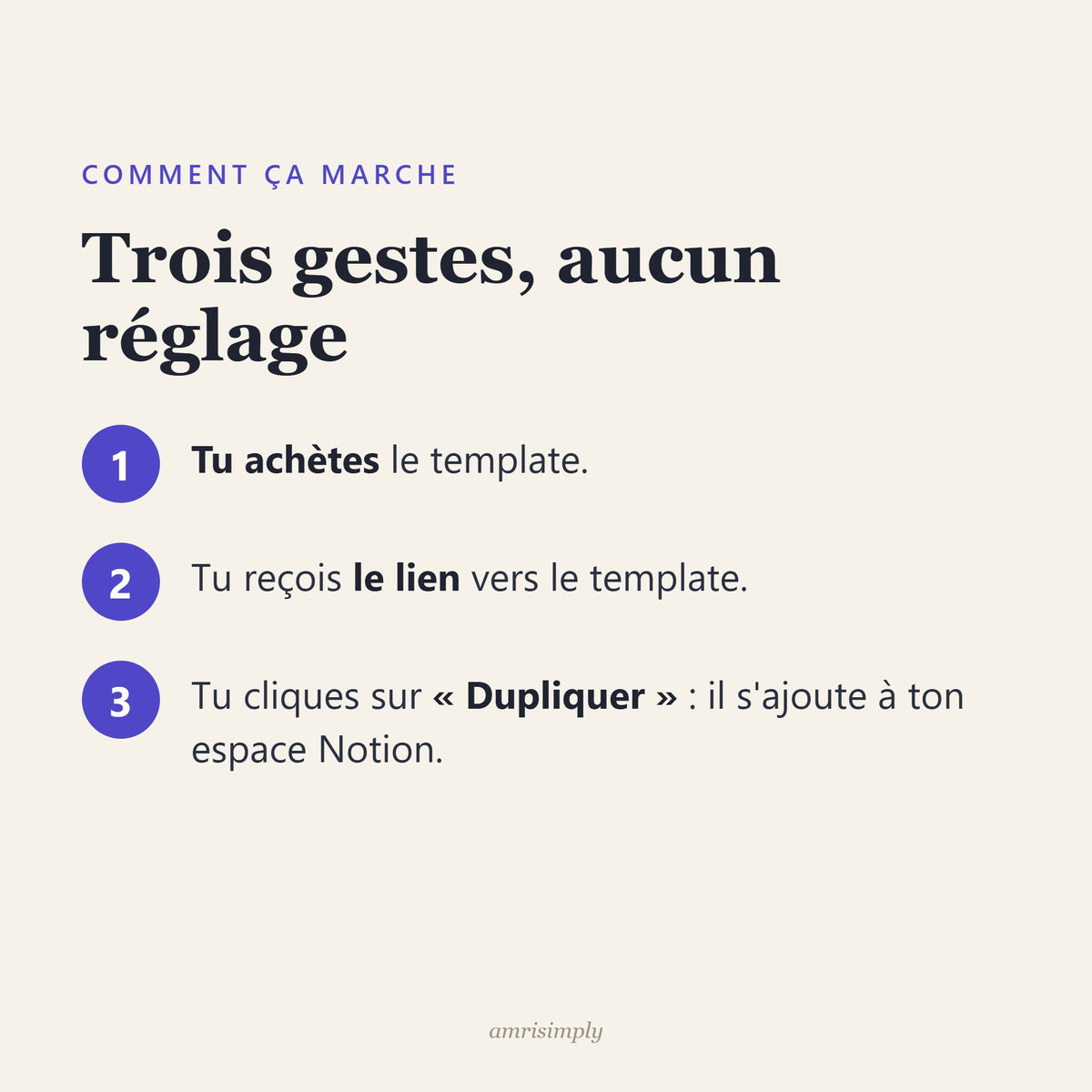 Comment ça marche : tu achètes, tu reçois le lien, tu dupliques le template dans ton espace Notion