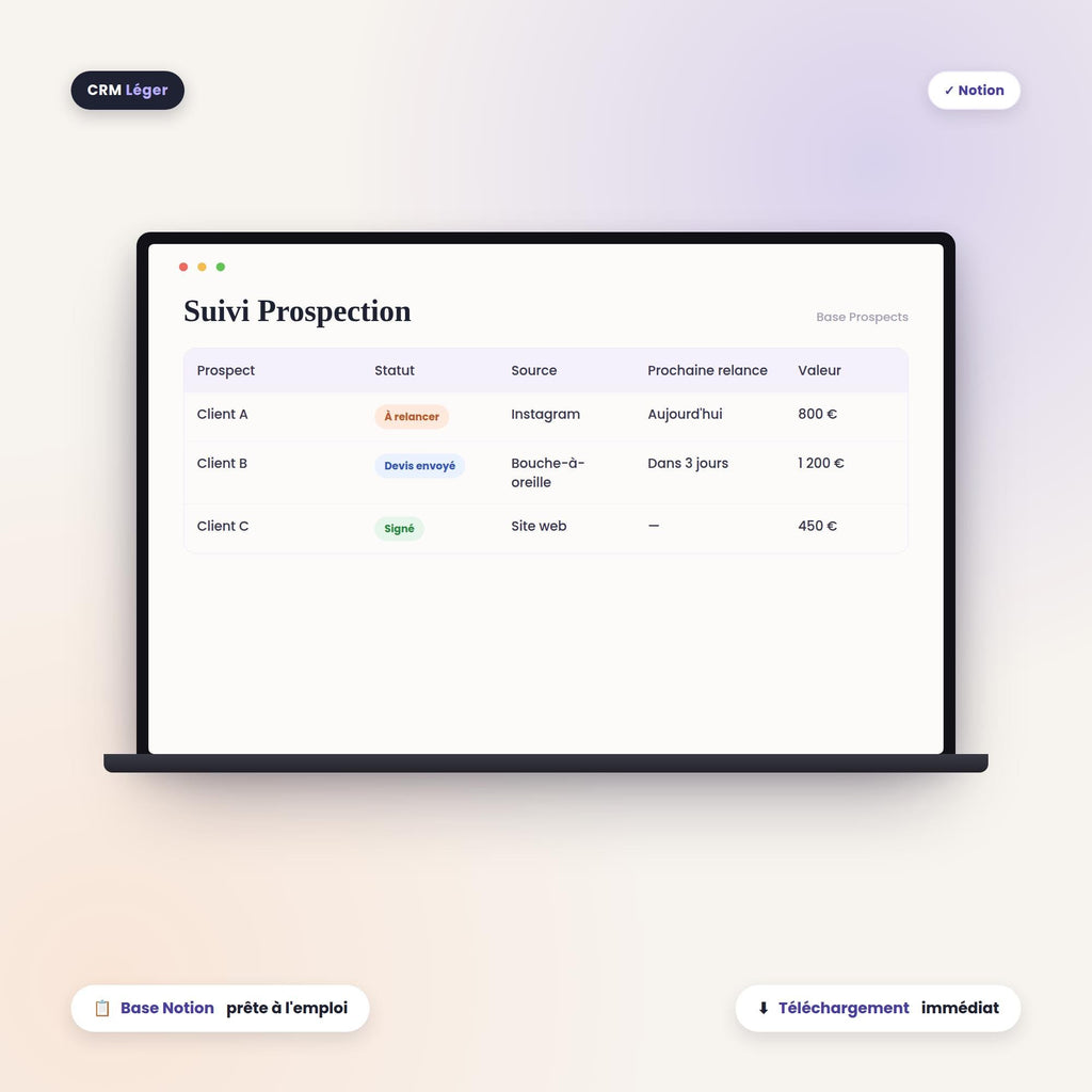 Base Notion de suivi de prospection : prospect, statut, source et prochaine relance