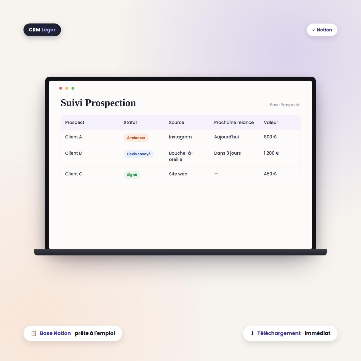 Base Notion de suivi de prospection : prospect, statut, source et prochaine relance