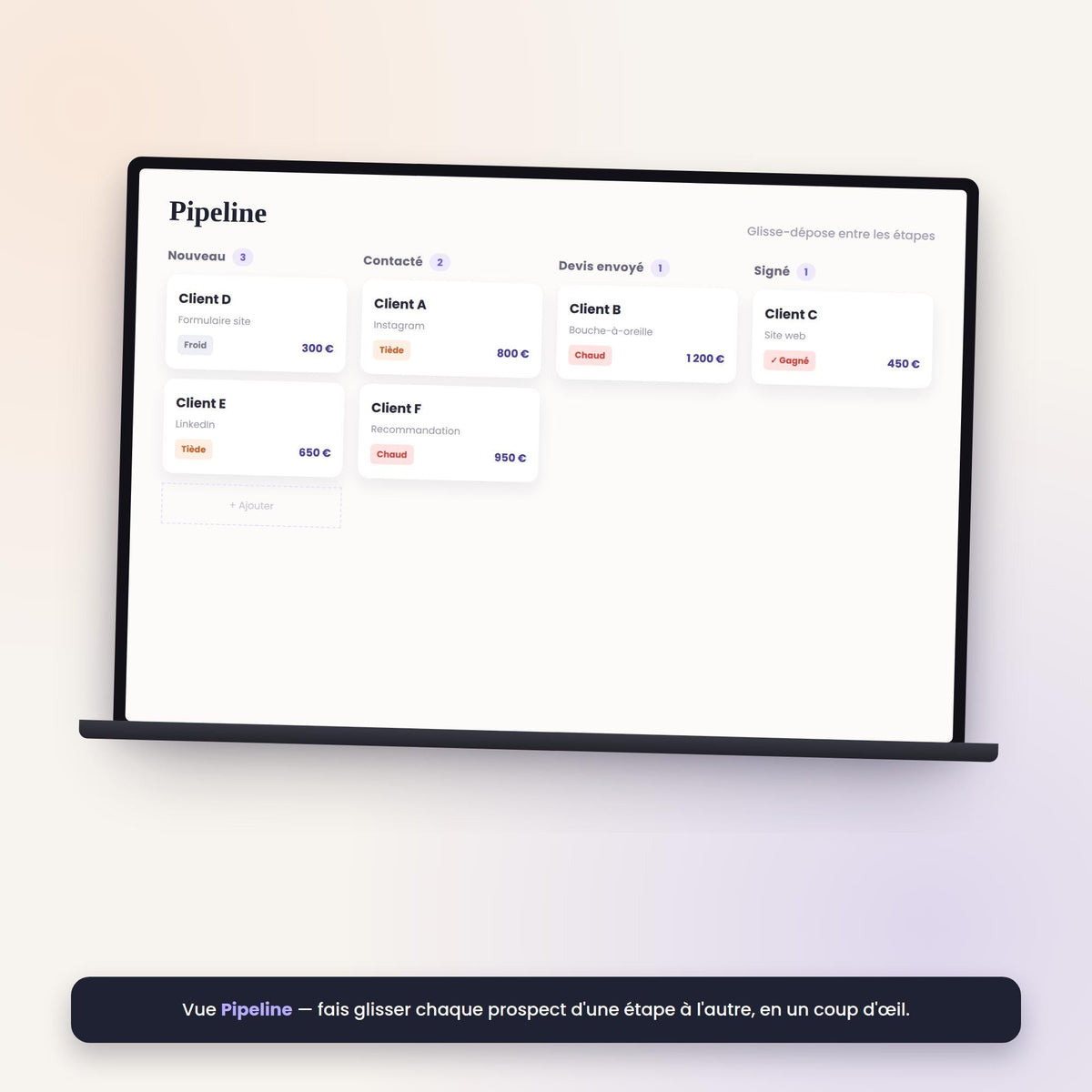Vue Pipeline : faire glisser chaque prospect d'une étape à l'autre