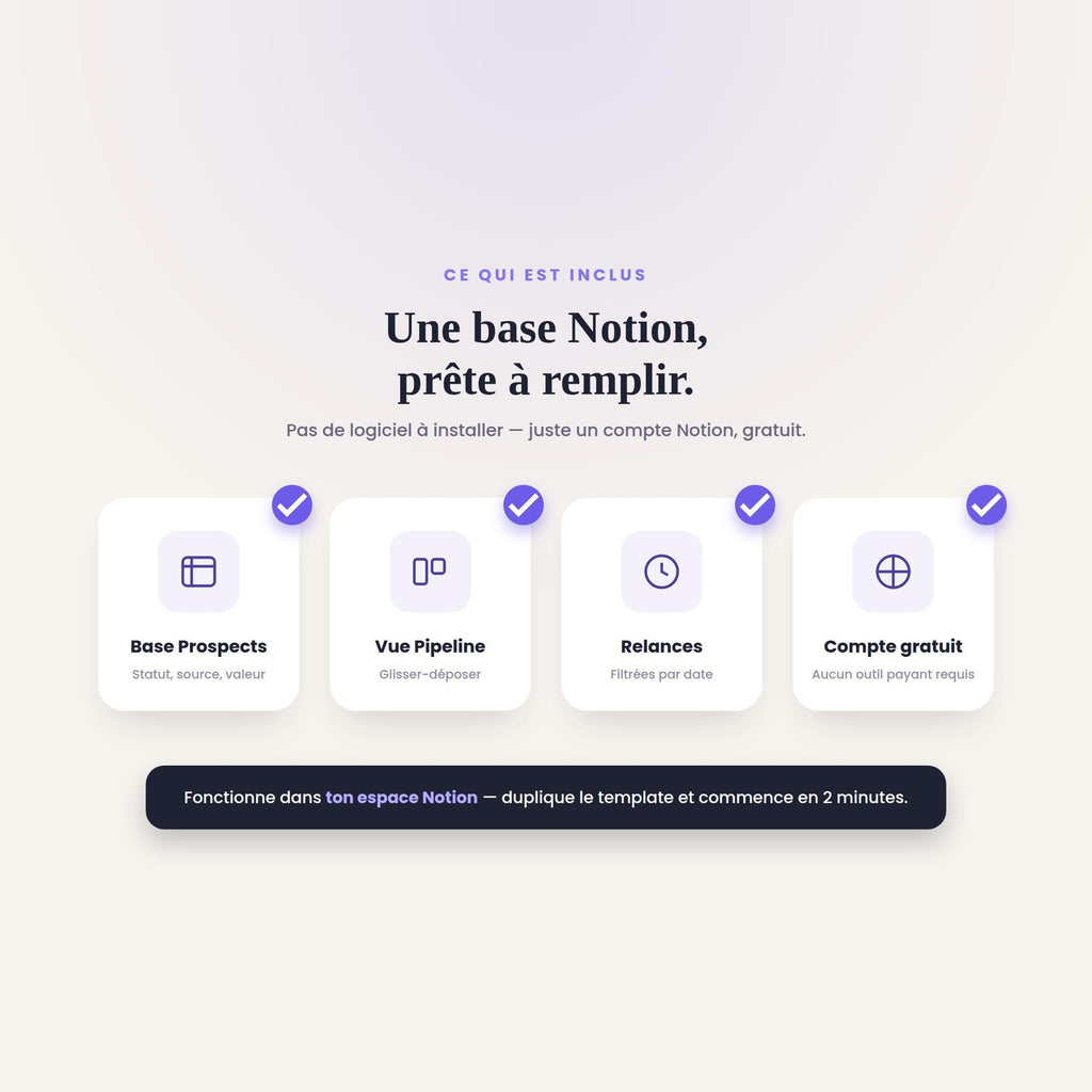 Ce qui est inclus : base Prospects, vue Pipeline et relances, à dupliquer dans ton espace Notion