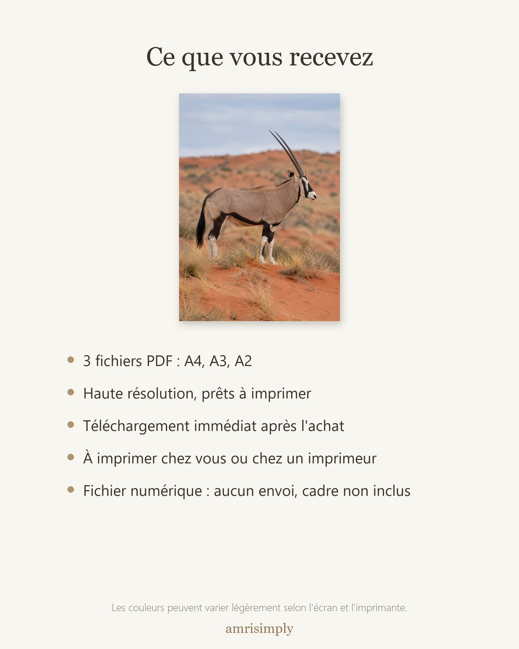 Poster Kalahari et oryx à Imprimer - Affiche Animaux Sauvages - Décoration Murale - Téléchargement Numérique