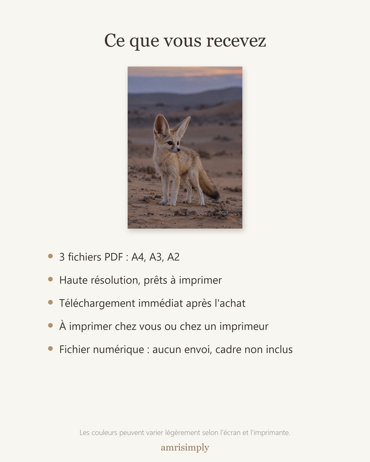 Poster Renard fennec à Imprimer - Affiche Animaux Sauvages - Décoration Murale - Téléchargement Numérique