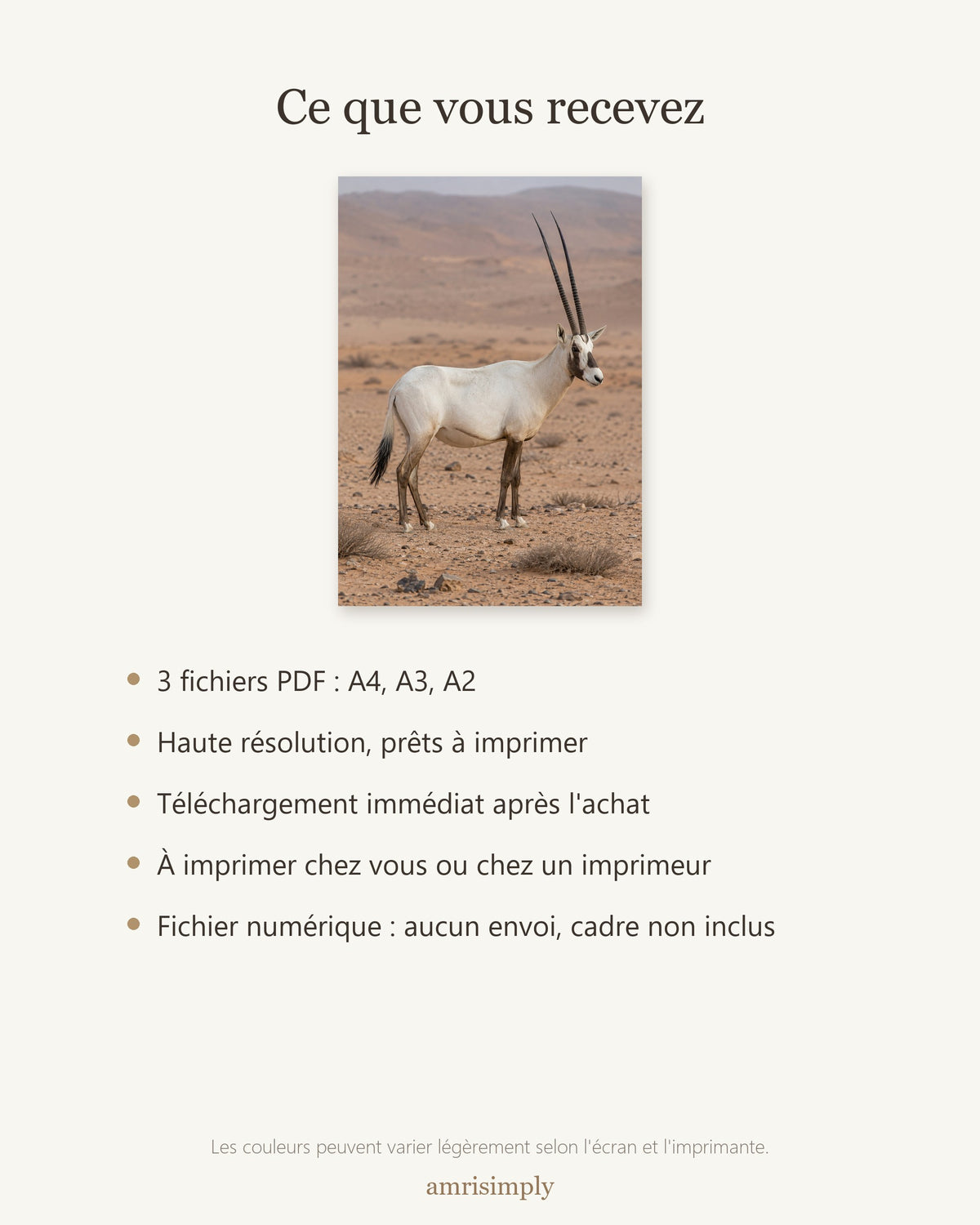 Poster Oryx d'Arabie à Imprimer - Affiche Animaux Sauvages - Décoration Murale - Téléchargement Numérique