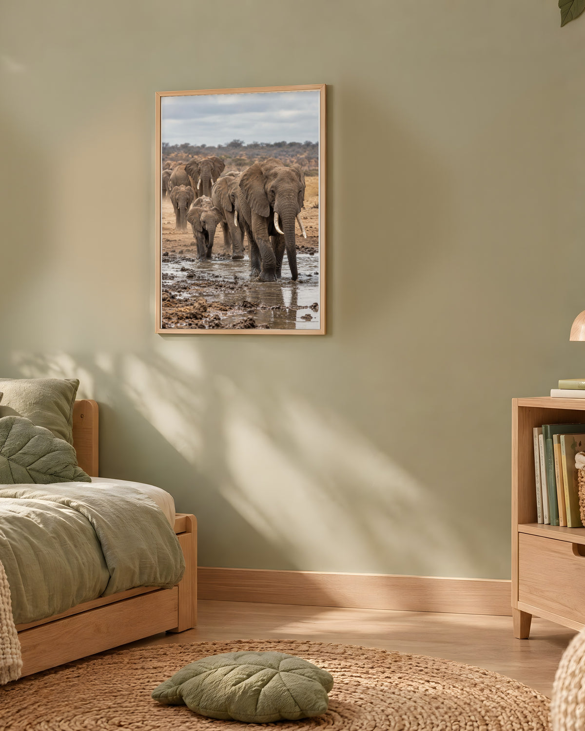Poster Éléphants au point d'eau à Imprimer - Affiche Animaux Sauvages - Décoration Murale - Téléchargement Numérique