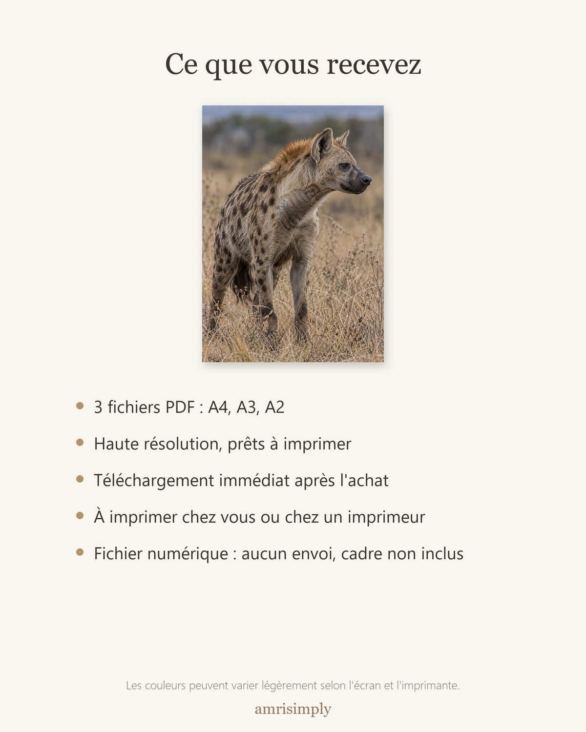 Poster Hyène tachetée à Imprimer - Affiche Animaux Sauvages - Décoration Murale - Téléchargement Numérique