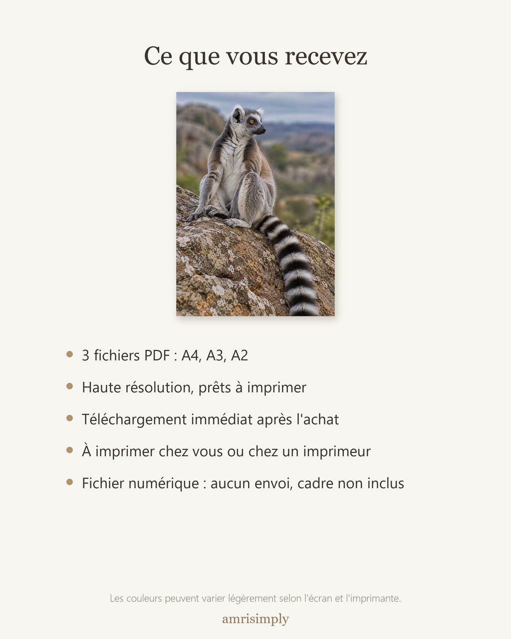 Poster Lémurien catta à Imprimer - Affiche Animaux Sauvages - Décoration Murale - Téléchargement Numérique