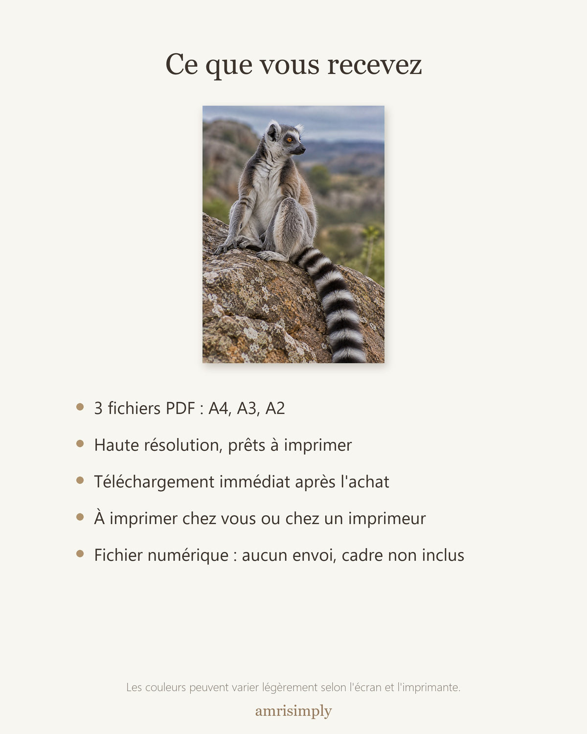 Poster Lémurien catta à Imprimer - Affiche Animaux Sauvages - Décoration Murale - Téléchargement Numérique