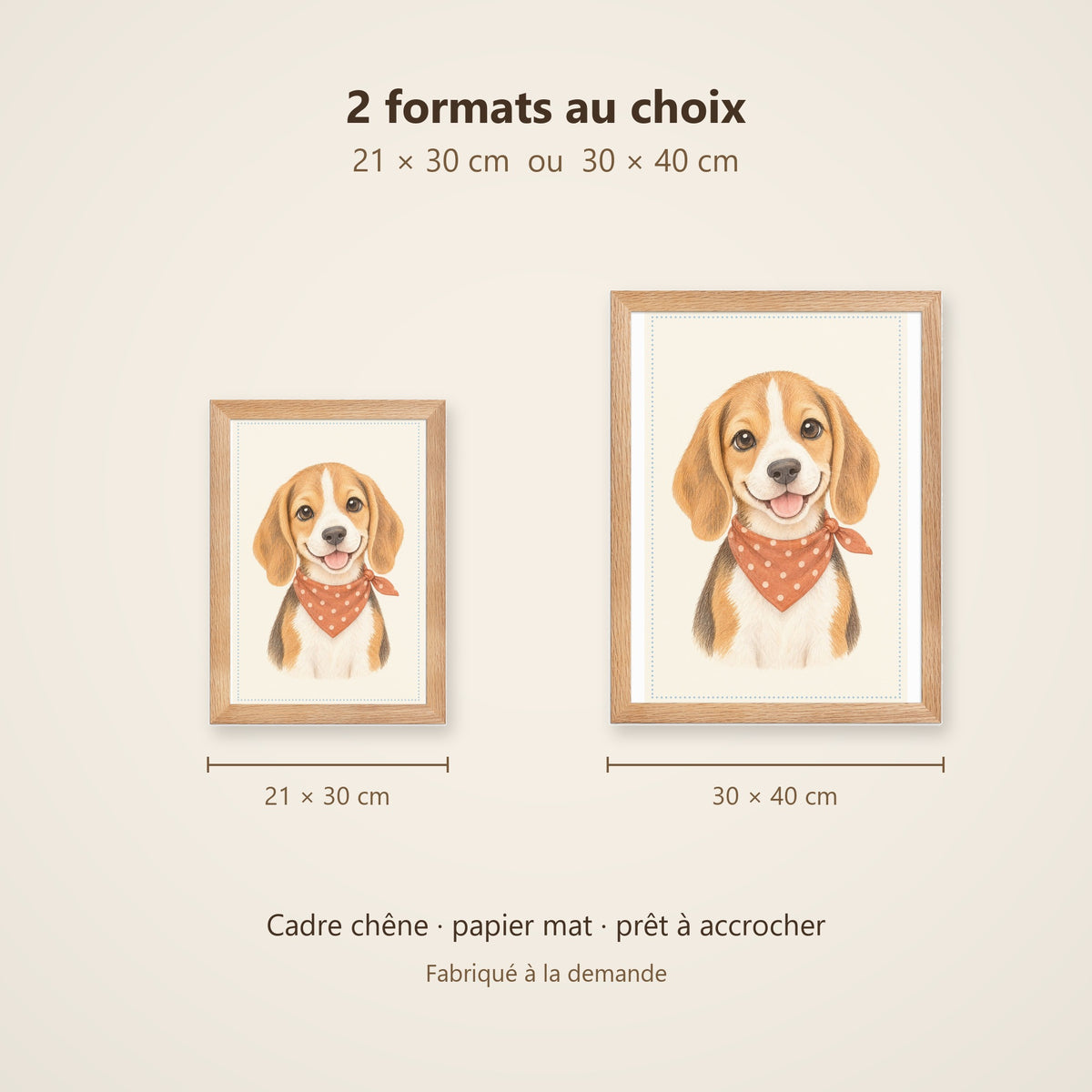 Poster Chiot Beagle Encadré – Décoration Chambre Bébé Animaux Aquarelle – Cadre Chêne Prêt à Accrocher