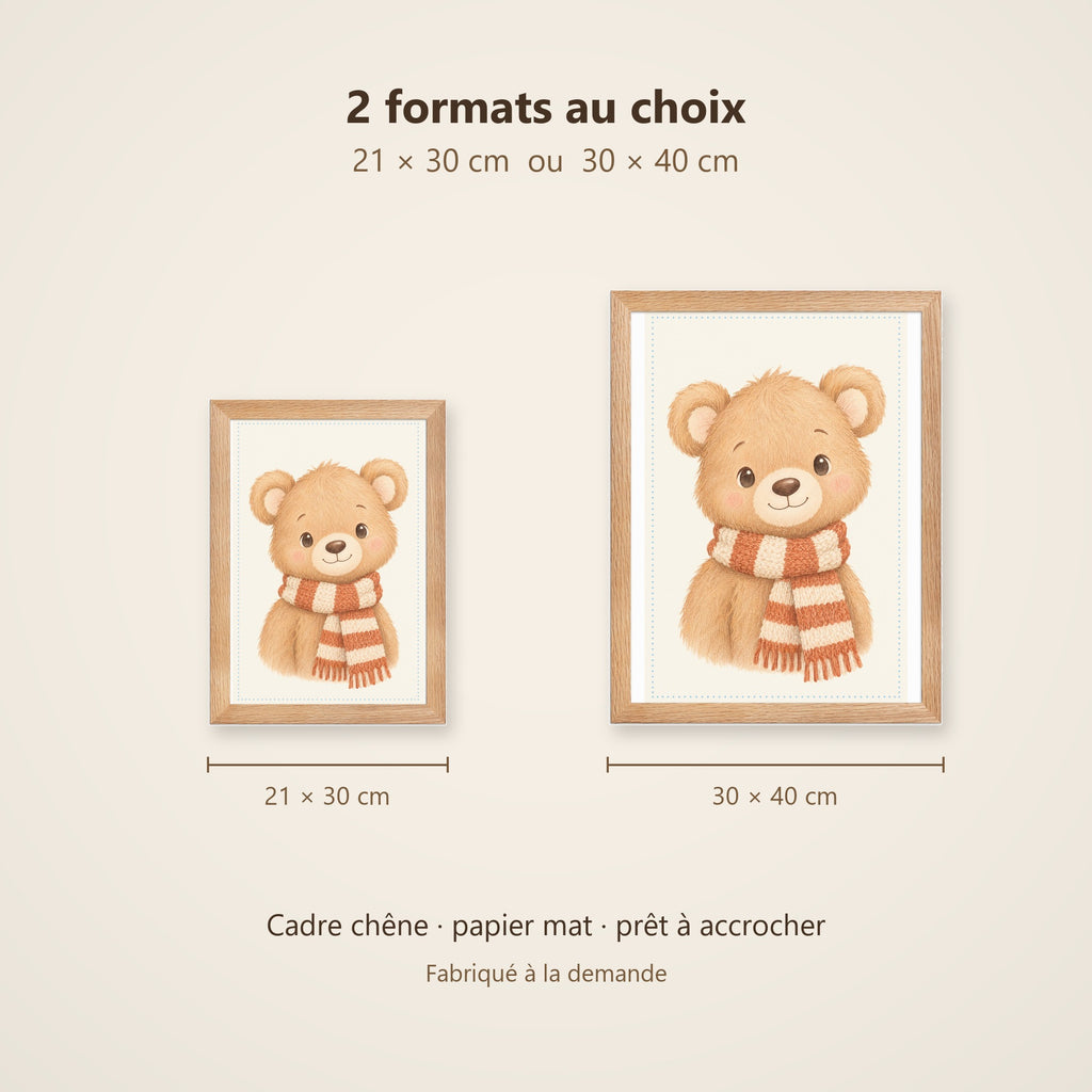 Poster Ourson en Écharpe Encadré – Décoration Chambre Bébé Animaux Aquarelle – Cadre Chêne Prêt à Accrocher