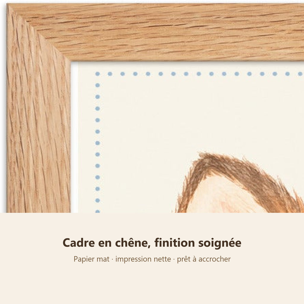 Poster Renardeau Nœud Papillon Encadré – Décoration Chambre Bébé Animaux Aquarelle – Cadre Chêne Prêt à Accrocher