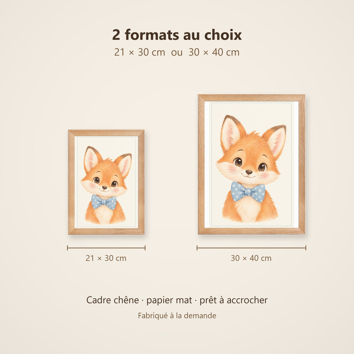 Poster Renardeau Nœud Papillon Encadré – Décoration Chambre Bébé Animaux Aquarelle – Cadre Chêne Prêt à Accrocher