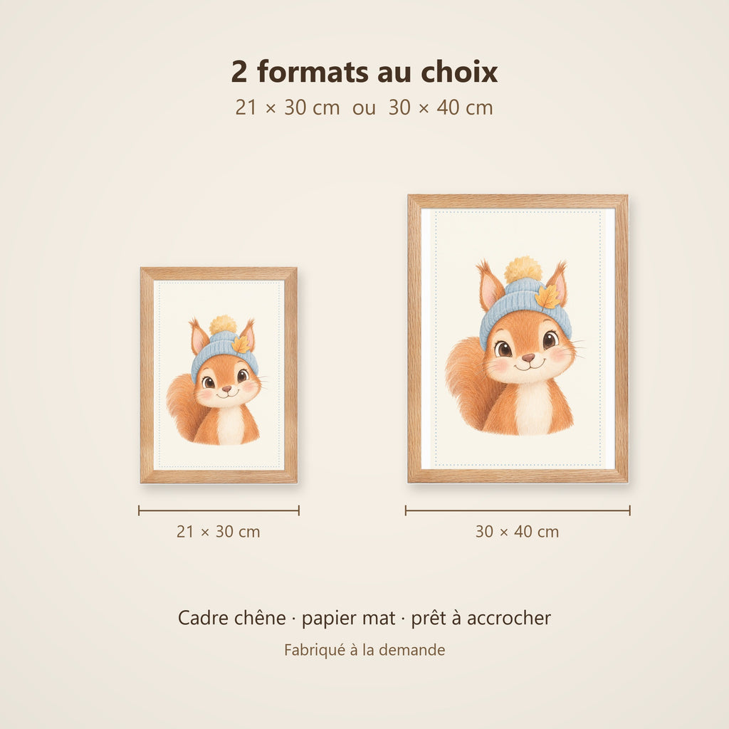Poster Écureuil au Bonnet Encadré – Décoration Chambre Bébé Animaux Aquarelle – Cadre Chêne Prêt à Accrocher