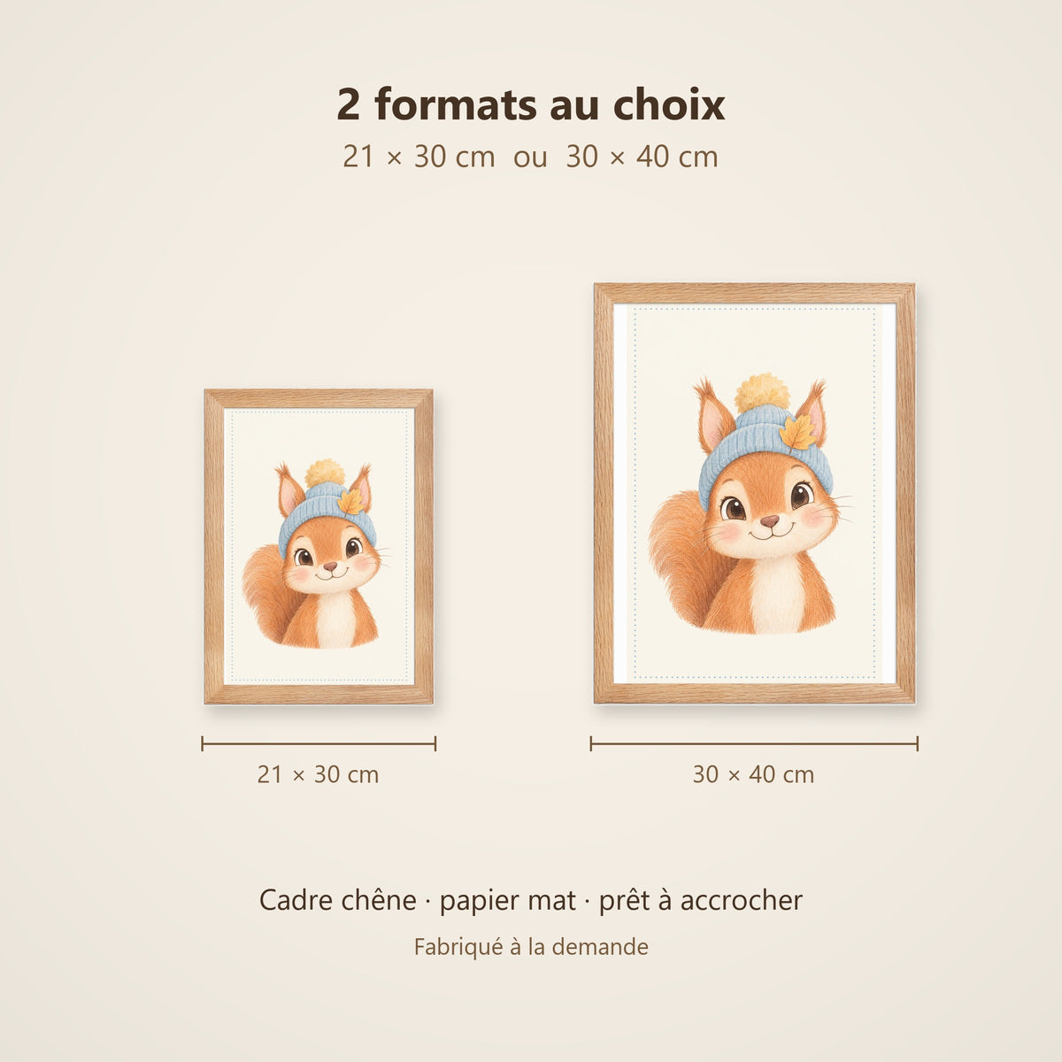 Poster Écureuil au Bonnet Encadré – Décoration Chambre Bébé Animaux Aquarelle – Cadre Chêne Prêt à Accrocher