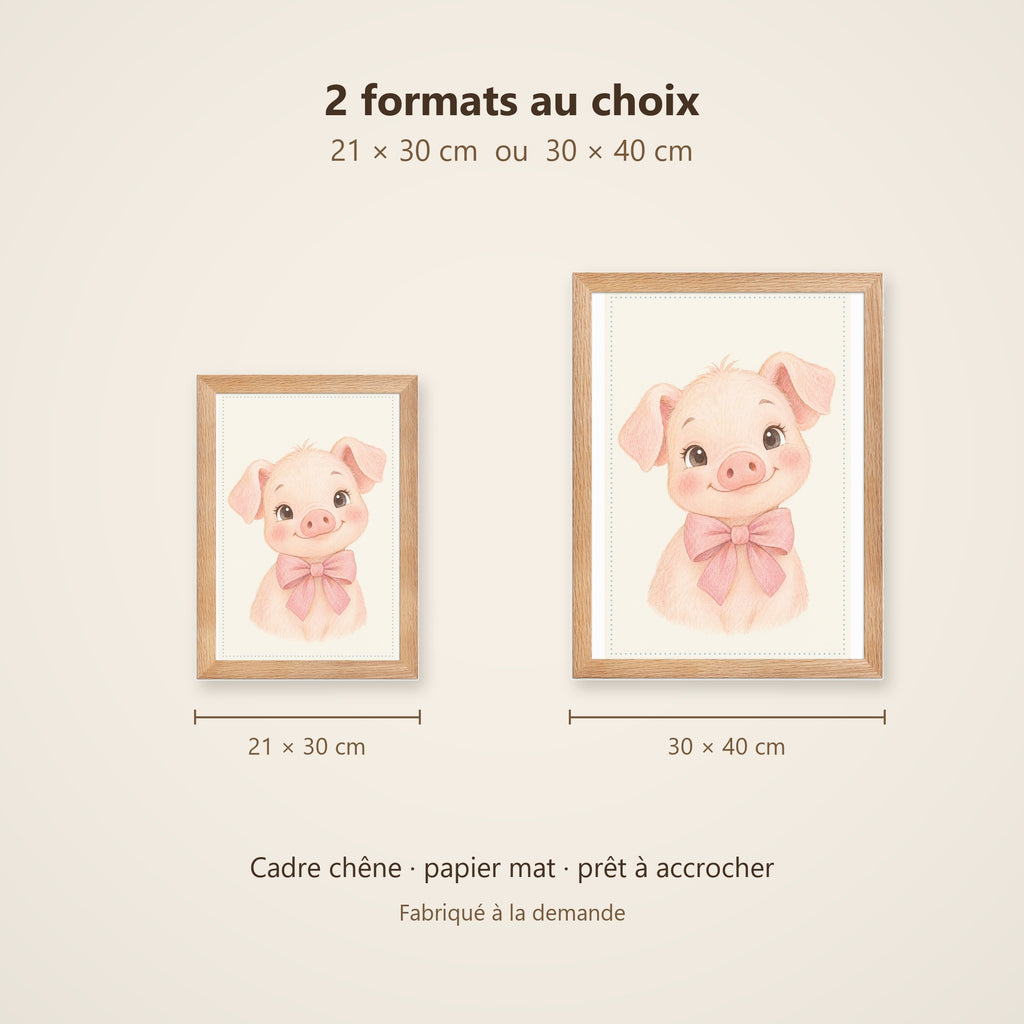 Poster Cochonnet Nœud Rose Encadré – Décoration Chambre Bébé Animaux Aquarelle – Cadre Chêne Prêt à Accrocher