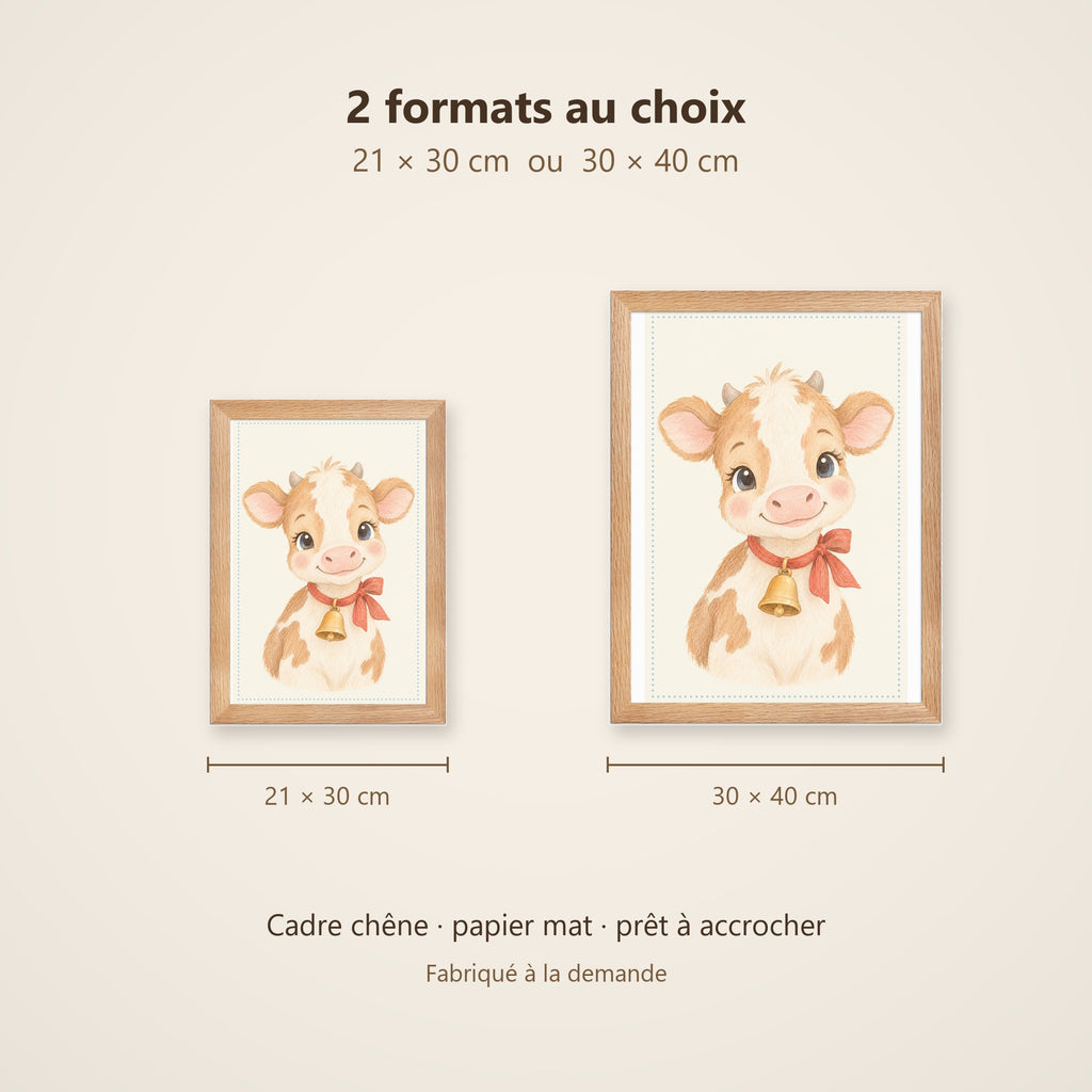 Poster Veau au Grelot Encadré – Décoration Chambre Bébé Animaux Aquarelle – Cadre Chêne Prêt à Accrocher