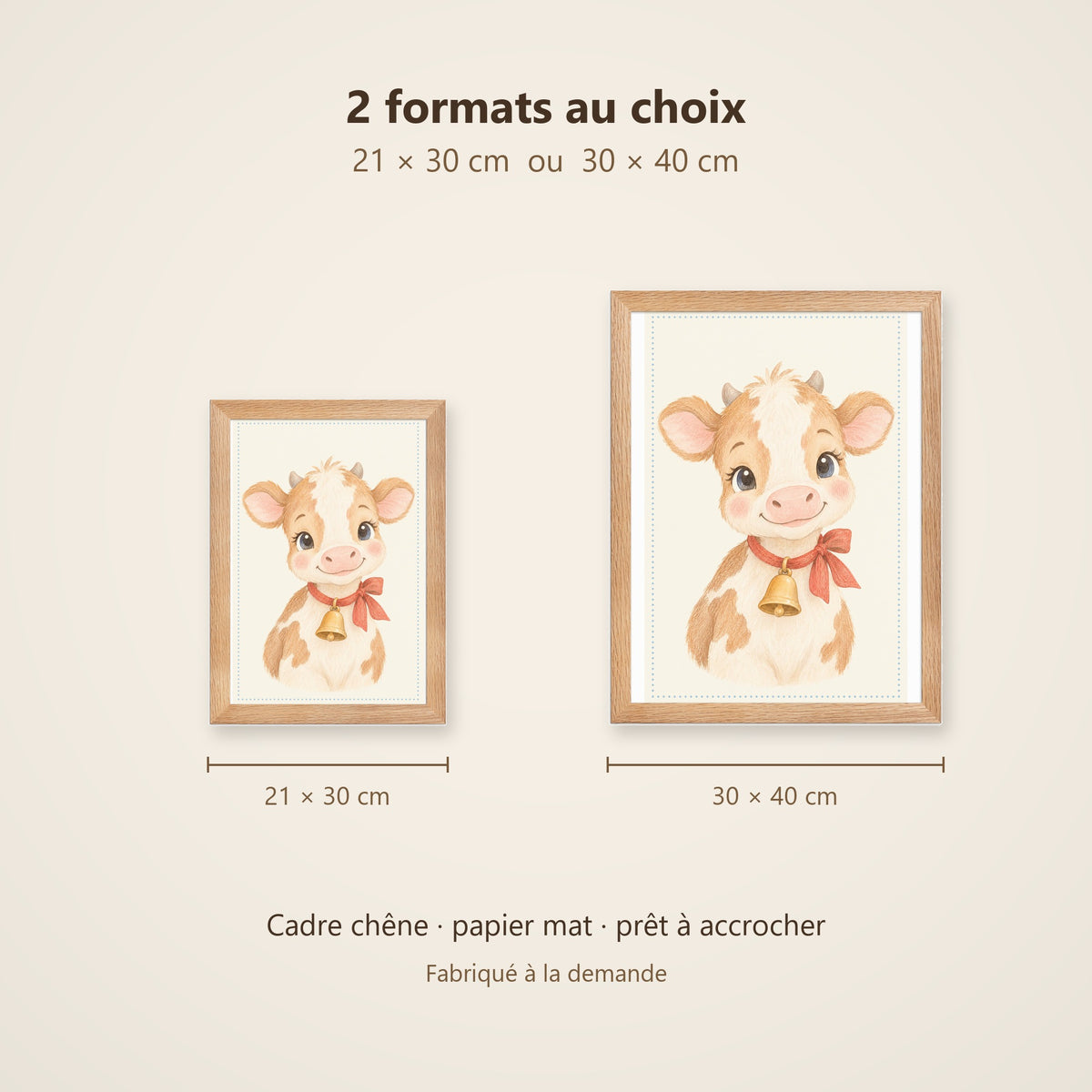 Poster Veau au Grelot Encadré – Décoration Chambre Bébé Animaux Aquarelle – Cadre Chêne Prêt à Accrocher