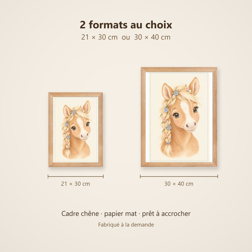 Poster Poulain Fleuri Encadré – Décoration Chambre Bébé Animaux Aquarelle – Cadre Chêne Prêt à Accrocher