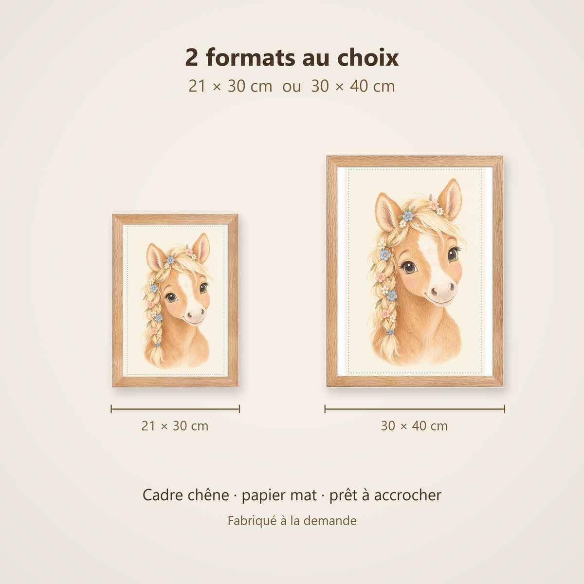 Poster Poulain Fleuri Encadré – Décoration Chambre Bébé Animaux Aquarelle – Cadre Chêne Prêt à Accrocher