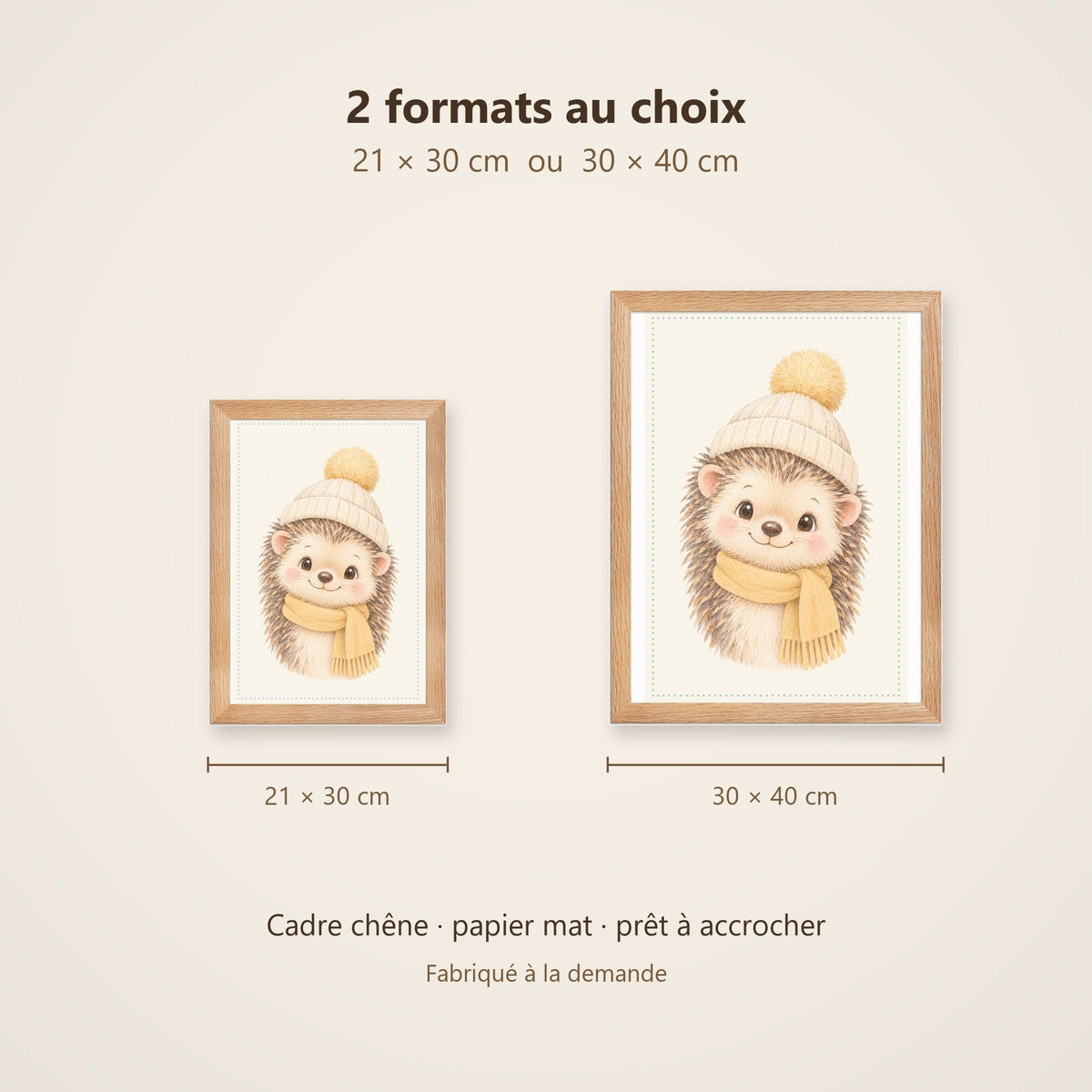 Poster Hérisson Écharpe Encadré – Décoration Chambre Bébé Animaux Aquarelle – Cadre Chêne Prêt à Accrocher