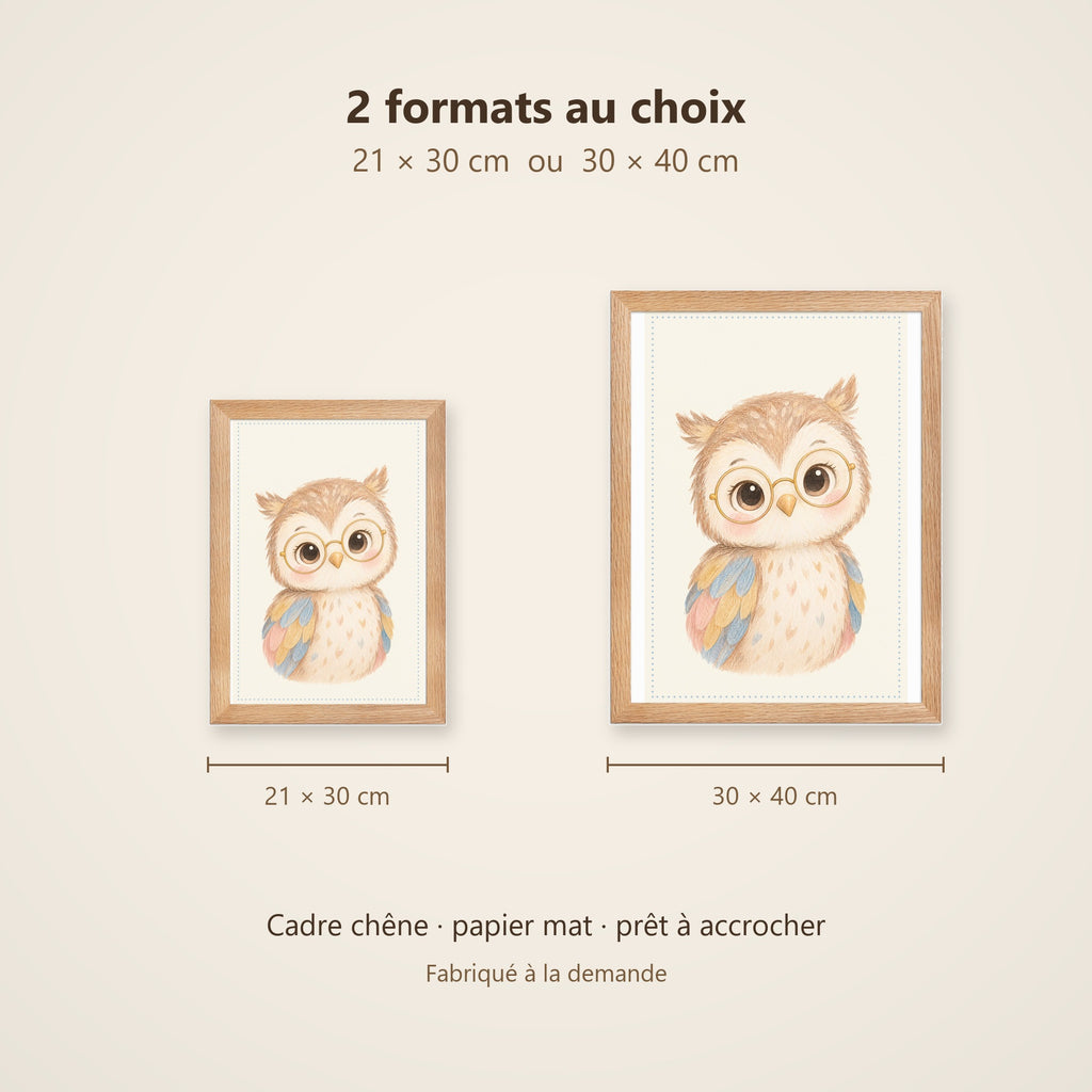 Poster Chouette à Lunettes Encadré – Décoration Chambre Bébé Animaux Aquarelle – Cadre Chêne Prêt à Accrocher