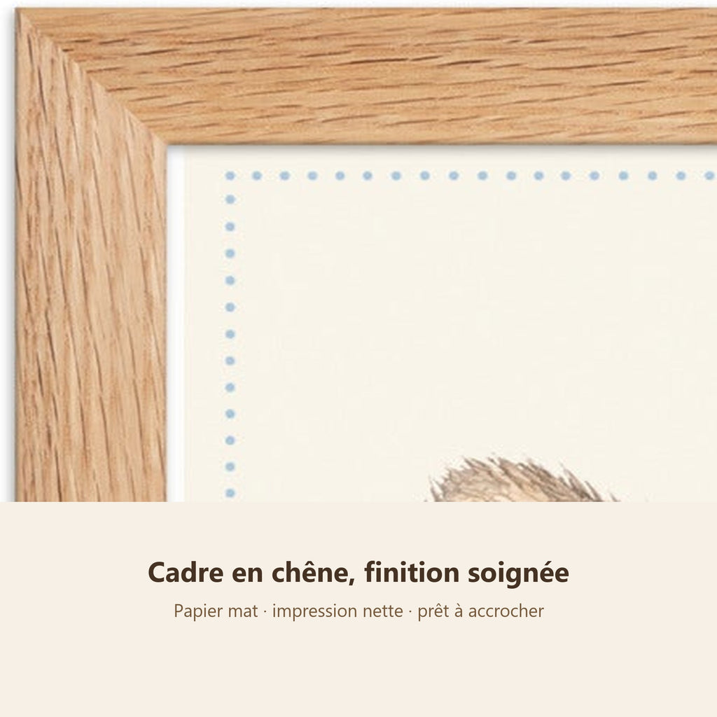 Poster Louveteau Écharpe Encadré – Décoration Chambre Bébé Animaux Aquarelle – Cadre Chêne Prêt à Accrocher