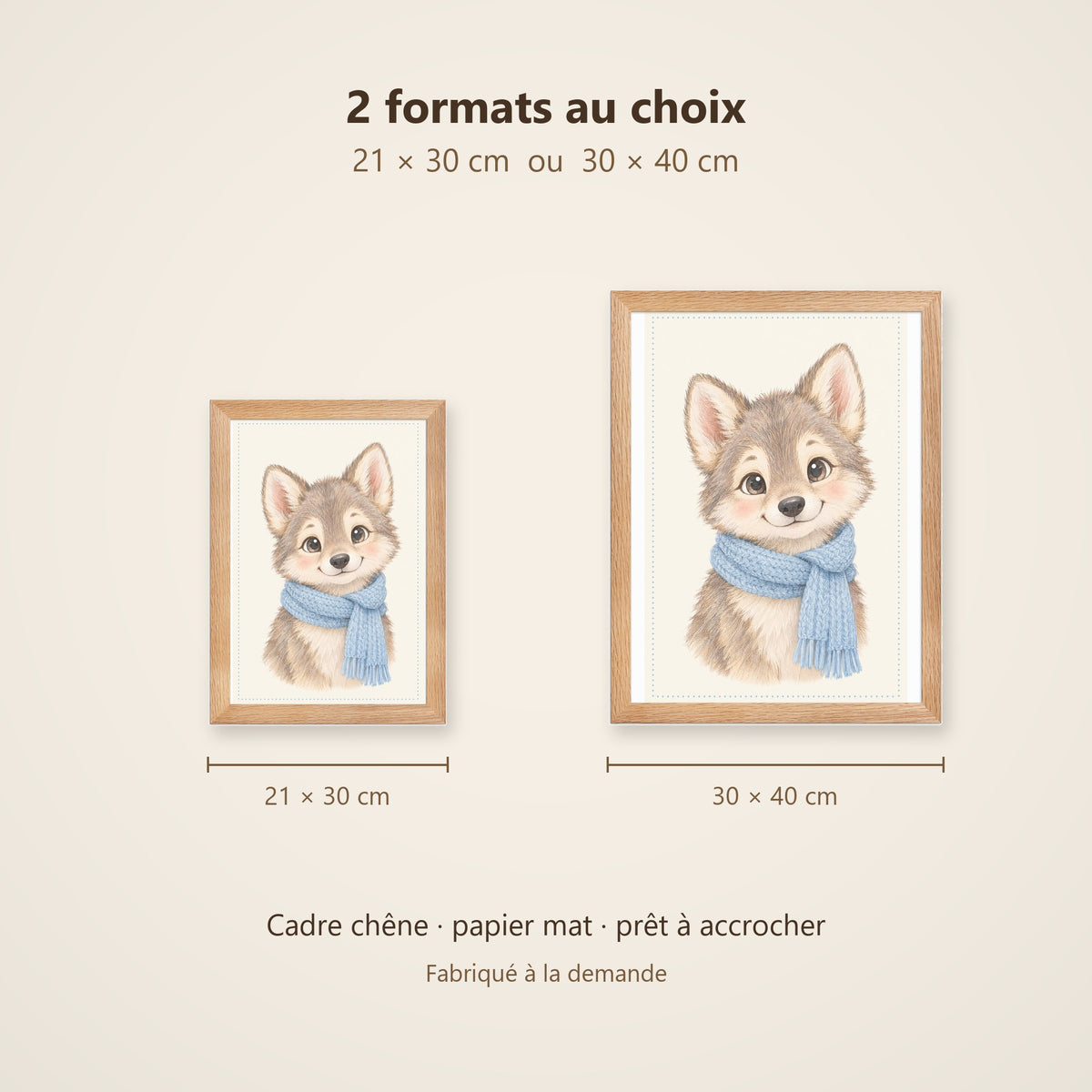 Poster Louveteau Écharpe Encadré – Décoration Chambre Bébé Animaux Aquarelle – Cadre Chêne Prêt à Accrocher