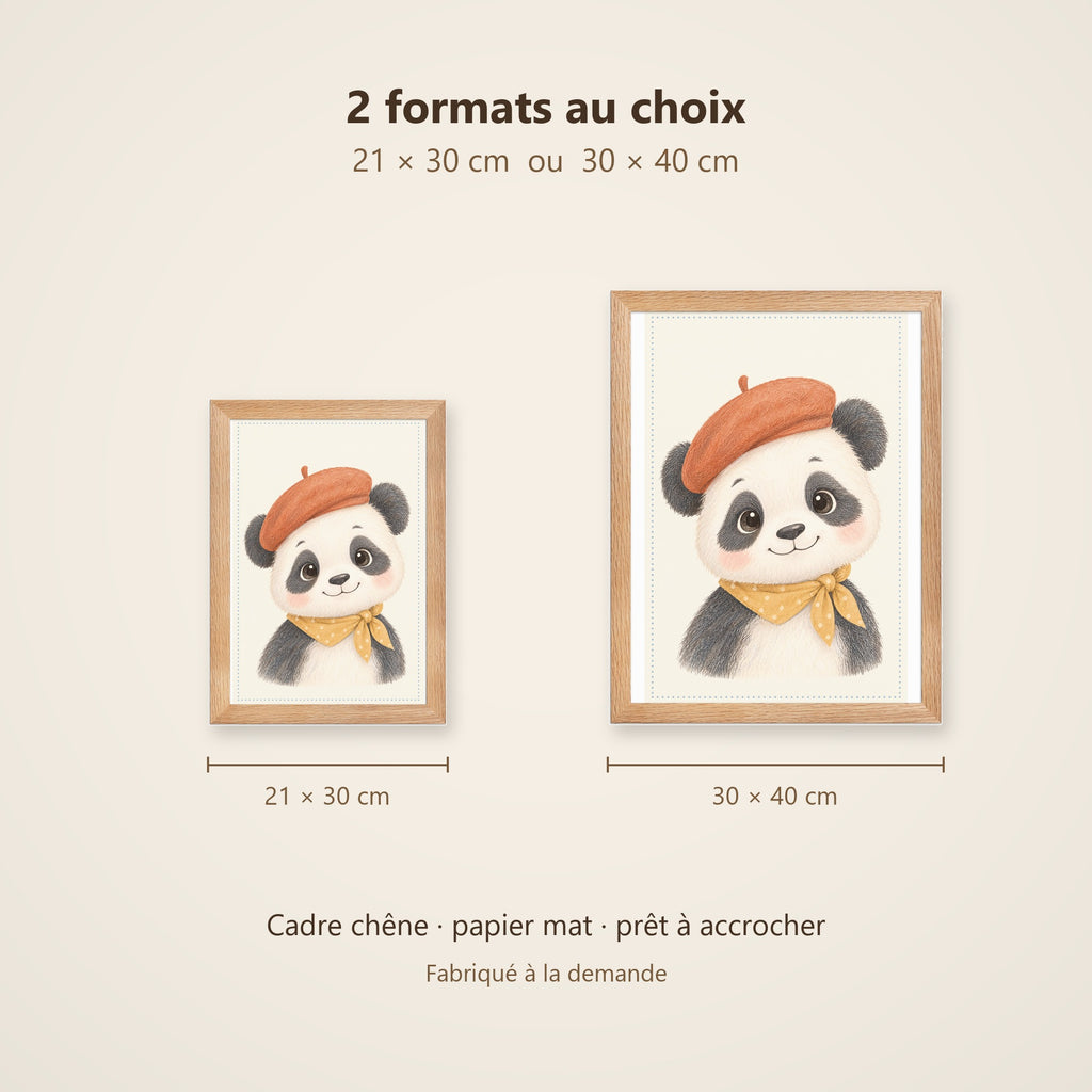 Poster Panda au Béret Encadré – Décoration Chambre Bébé Animaux Aquarelle – Cadre Chêne Prêt à Accrocher