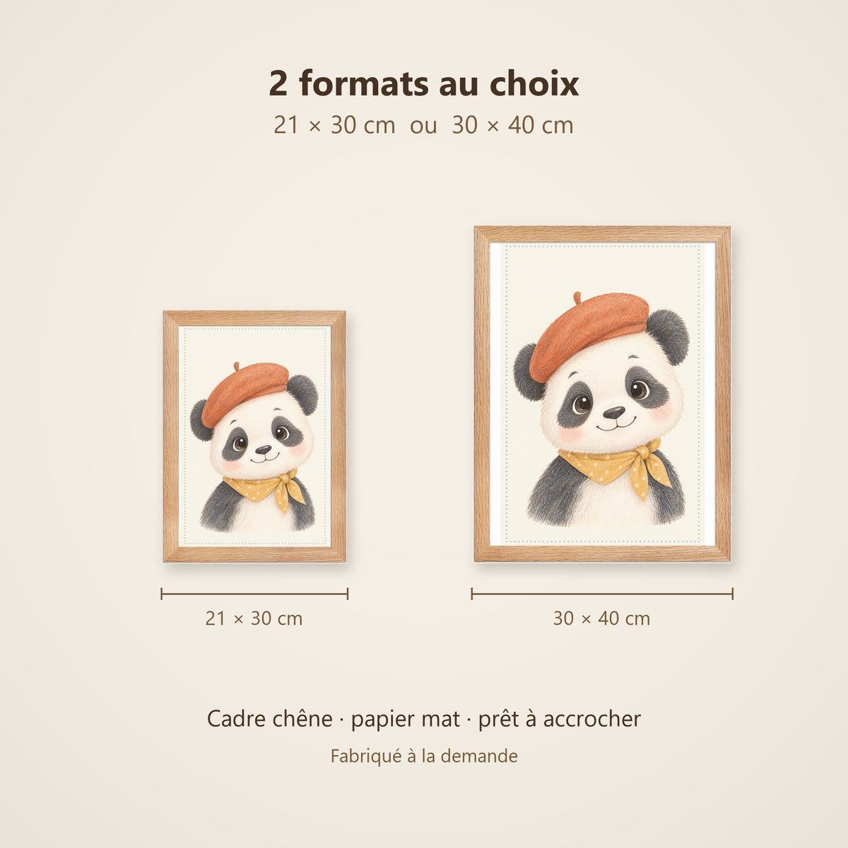 Poster Panda au Béret Encadré – Décoration Chambre Bébé Animaux Aquarelle – Cadre Chêne Prêt à Accrocher