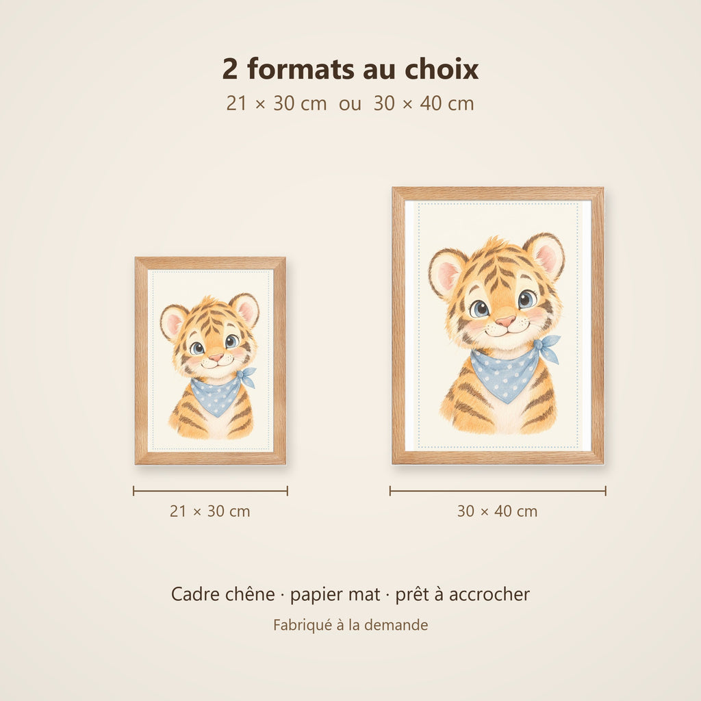 Poster Tigre au Foulard Encadré – Décoration Chambre Bébé Animaux Aquarelle – Cadre Chêne Prêt à Accrocher