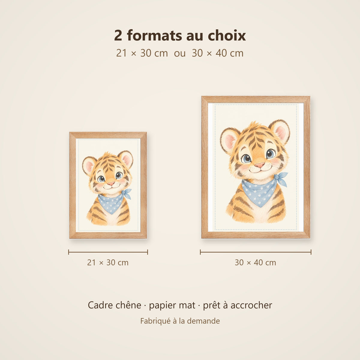 Poster Tigre au Foulard Encadré – Décoration Chambre Bébé Animaux Aquarelle – Cadre Chêne Prêt à Accrocher