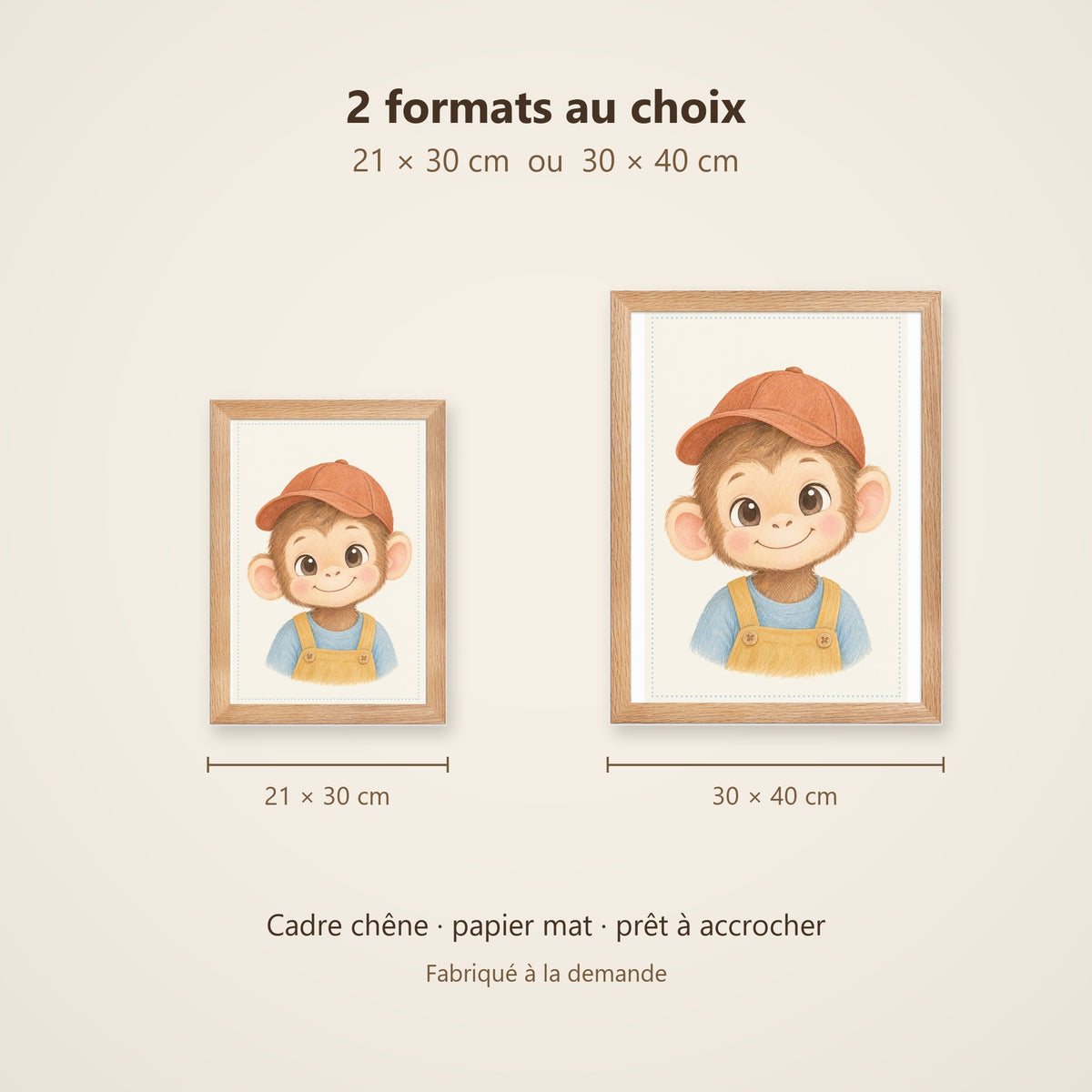 Poster Singe en Salopette Encadré – Décoration Chambre Bébé Animaux Aquarelle – Cadre Chêne Prêt à Accrocher