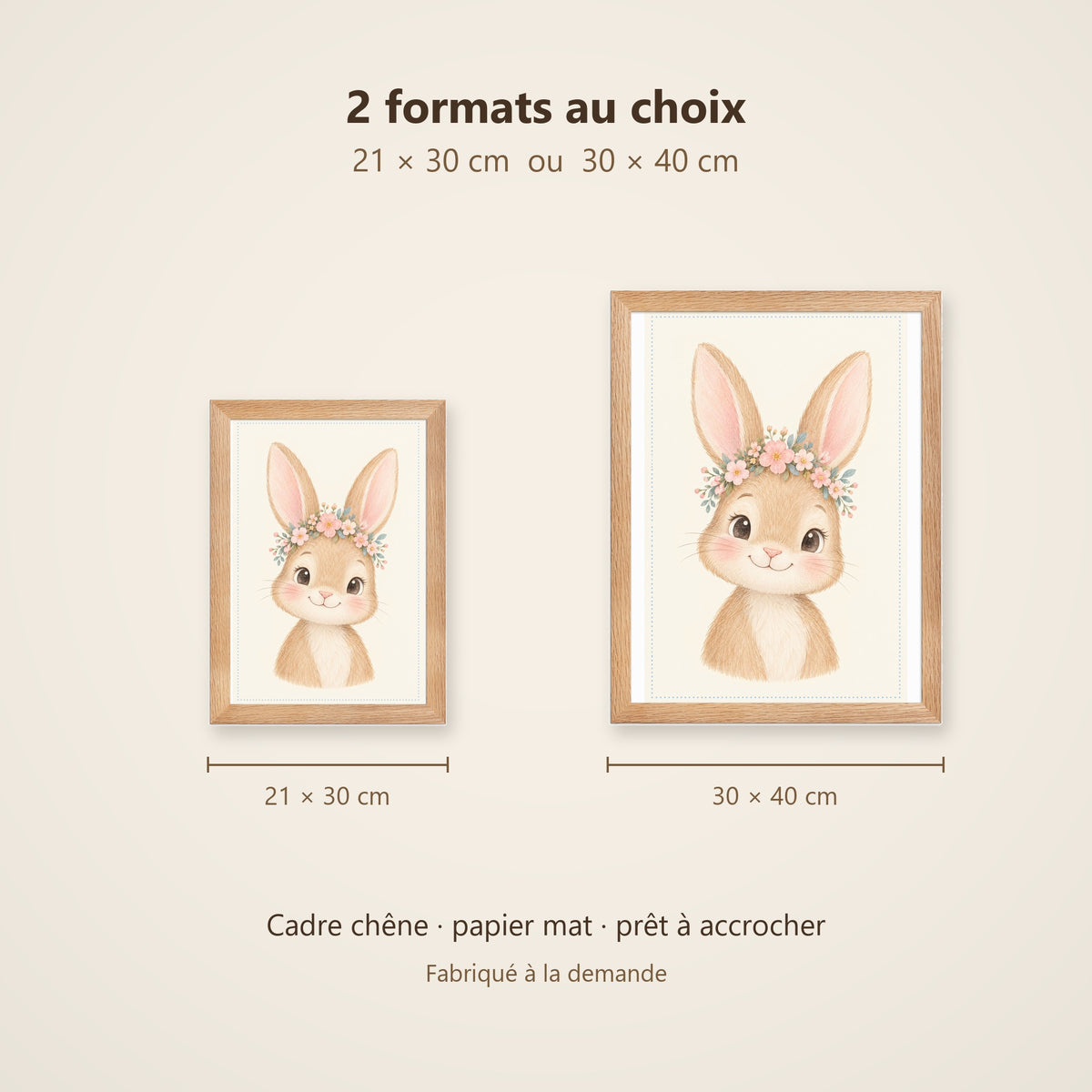 Poster Lapereau Fleuri Encadré – Décoration Chambre Bébé Animaux Aquarelle – Cadre Chêne Prêt à Accrocher