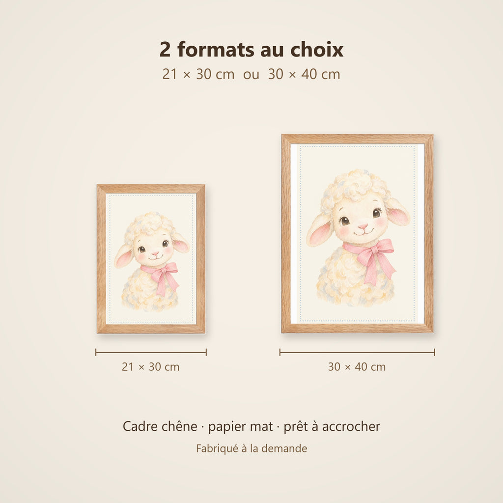 Poster Agneau Nœud Rose Encadré – Décoration Chambre Bébé Animaux Aquarelle – Cadre Chêne Prêt à Accrocher