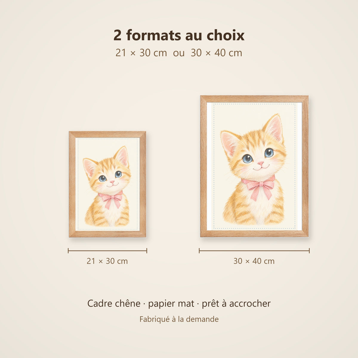 Poster Chaton Nœud Rose Encadré – Décoration Chambre Bébé Animaux Aquarelle – Cadre Chêne Prêt à Accrocher