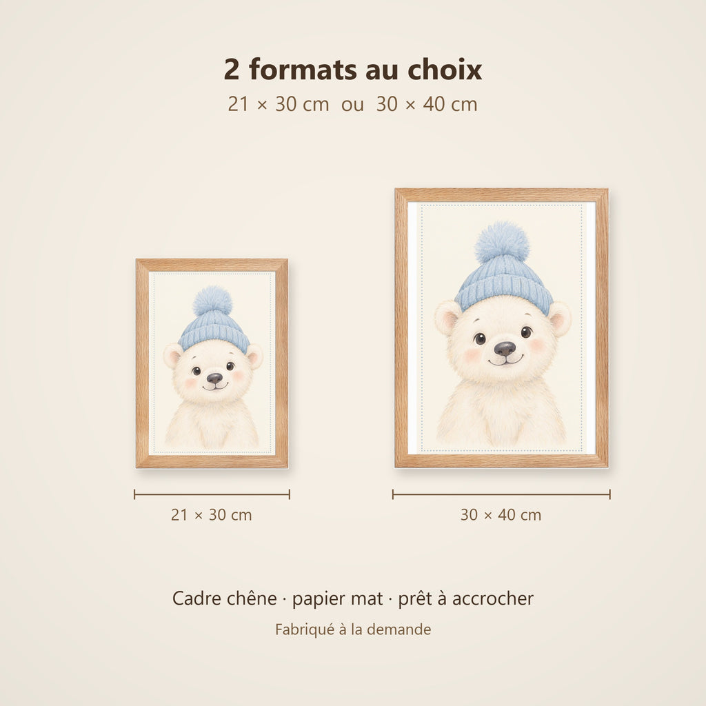 Poster Ourson Polaire au Bonnet Encadré – Décoration Chambre Bébé Animaux Aquarelle – Cadre Chêne Prêt à Accrocher