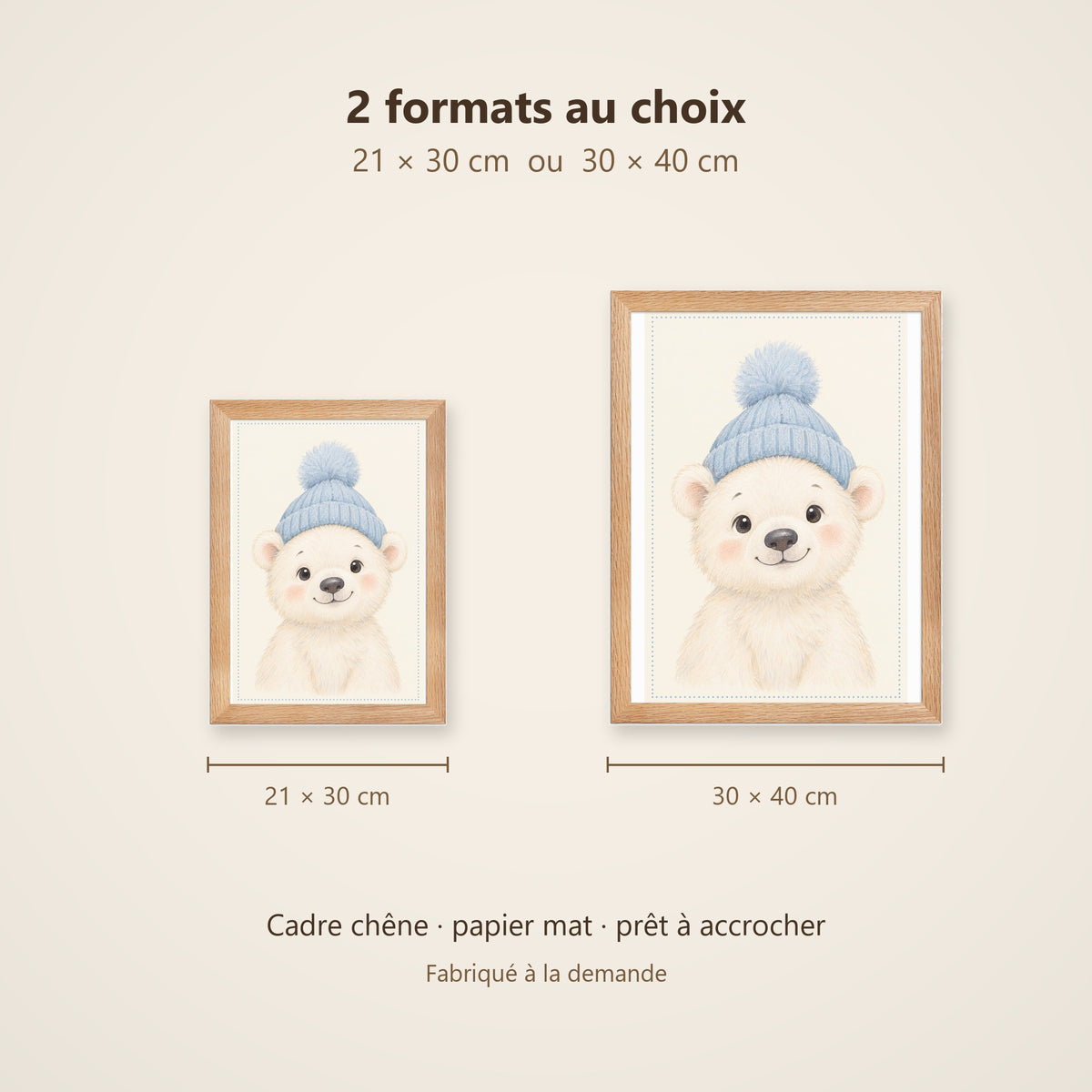 Poster Ourson Polaire au Bonnet Encadré – Décoration Chambre Bébé Animaux Aquarelle – Cadre Chêne Prêt à Accrocher