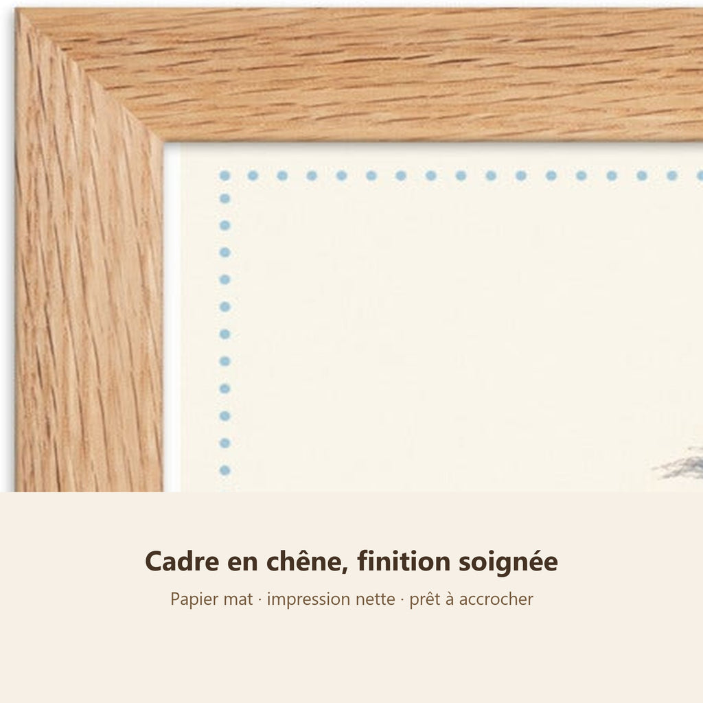 Poster Pingouin Écharpe Rayée Encadré – Décoration Chambre Bébé Animaux Aquarelle – Cadre Chêne Prêt à Accrocher