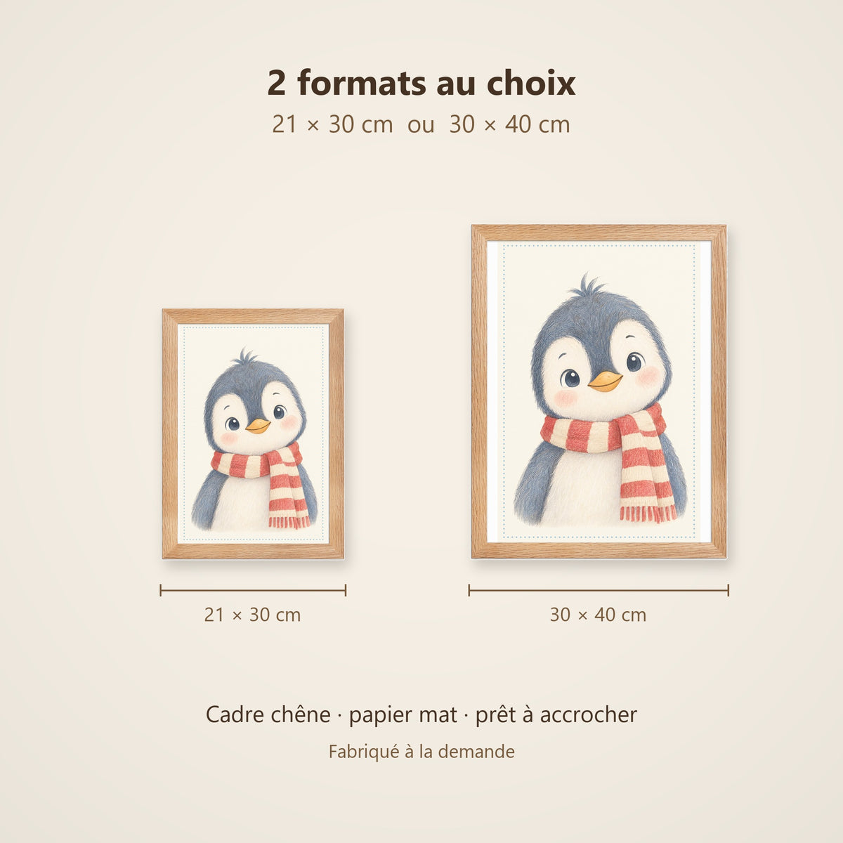 Poster Pingouin Écharpe Rayée Encadré – Décoration Chambre Bébé Animaux Aquarelle – Cadre Chêne Prêt à Accrocher