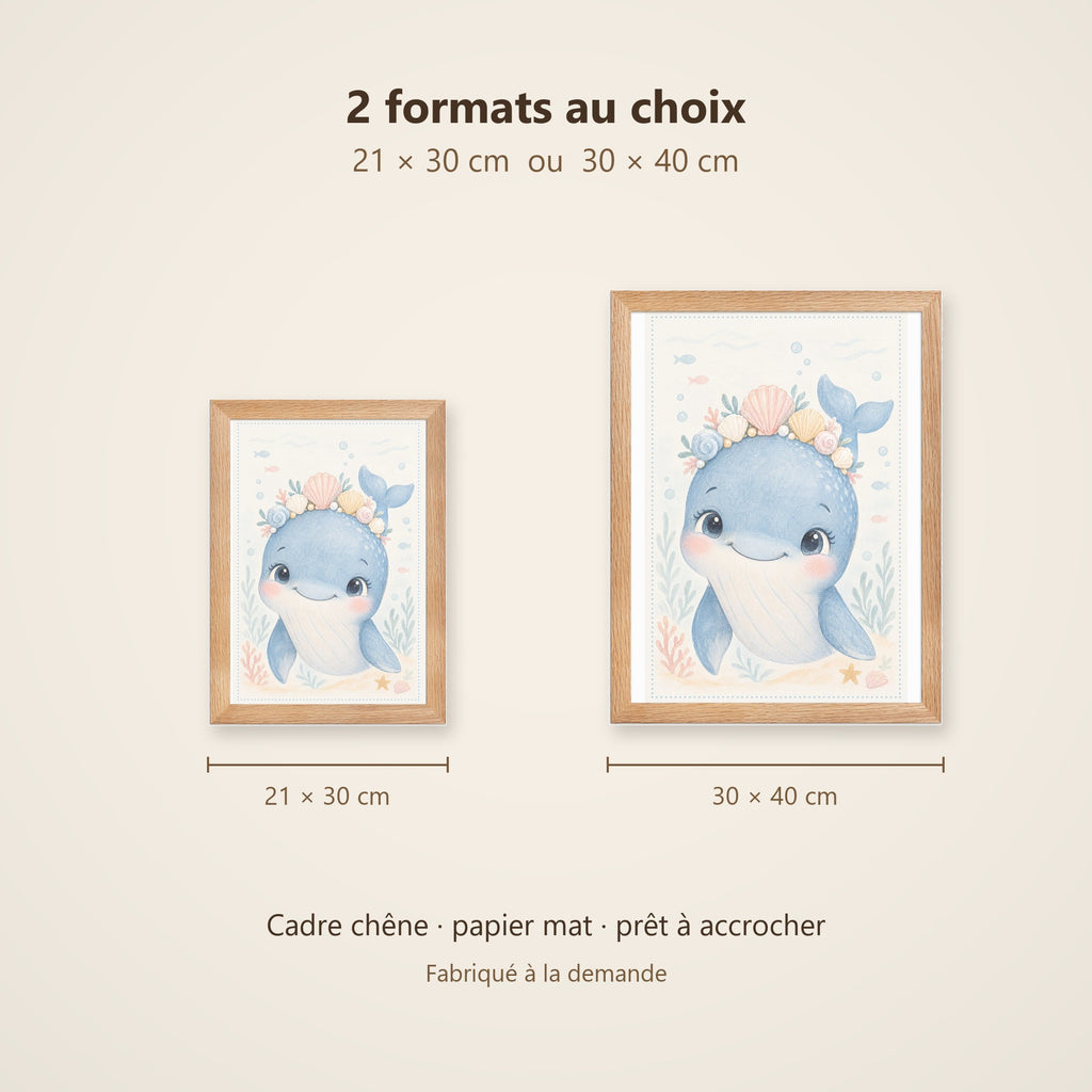 Poster Baleine aux Coquillages Encadré – Décoration Chambre Bébé Animaux Aquarelle – Cadre Chêne Prêt à Accrocher
